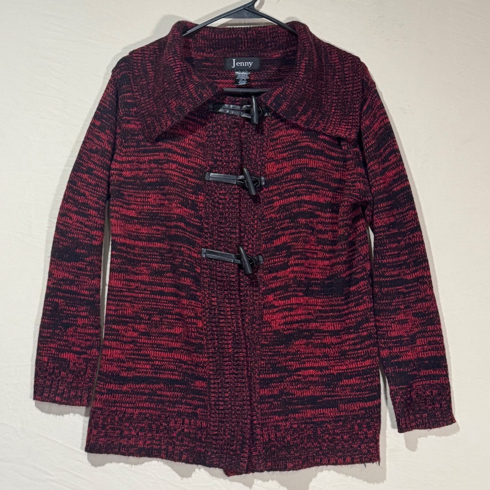 Jenny Cardigan Sweater‎ Women Small Red Black Vintage 90s Excellent Toggle Knit